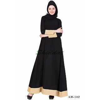  A-line designer abaya with golden border on sleeves & bottom - Black 